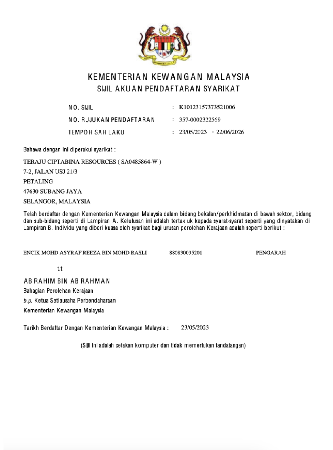 MOF Certificate